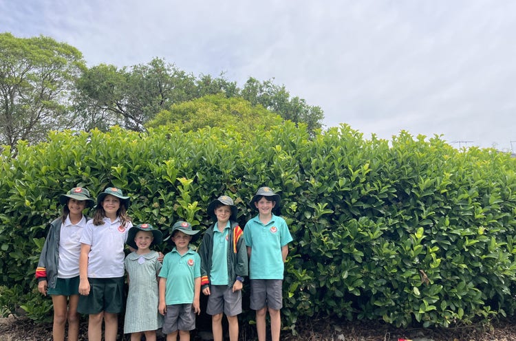 Group of students standing together in front of a long hedge