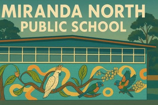 An animated image of the Miranda North mural with cockatoo and parrots